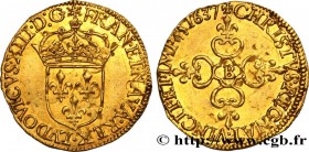 LOUIS XIII
Type : Écu d'or au soleil, 1er type 
Date : 1637 
Mint name / Town : Rouen 
Quantity minted : 172800 
Metal : gold 
Millesimal fineness : 9...