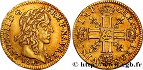 LOUIS XIII
Type : Demi-louis d'or à la mèche longue 
Date : 1642 
Mint name / Town : Paris, Monnaie du Louvre 
Quantity minted : 924400 
Metal : gold ...