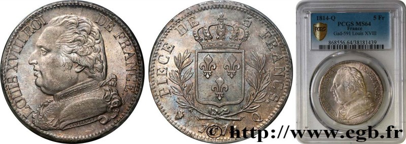 LOUIS XVIII
Type : 5 francs Louis XVIII, buste habillé 
Date : 1814 
Mint name /...