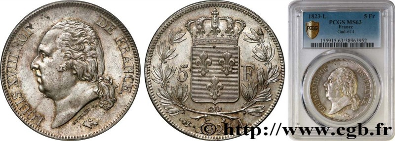 LOUIS XVIII
Type : 5 francs Louis XVIII, tête nue 
Date : 1823 
Mint name / Town...