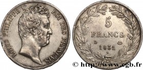 LOUIS-PHILIPPE I
Type : 5 francs type Tiolier avec le I, tranche en creux 
Date : 1831 
Mint name / Town : Lyon 
Quantity minted : 3458035 
Metal : si...
