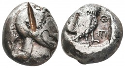 ATTICA. Athens. AR ARCHAIC Style Tetradrachm. Ca. 500-482 B.C. Helmeted head of Athena facing right, wearing circular earring; Reverse: Owl standing r...