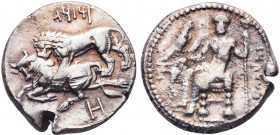 Kingdom of Cilicia. Mazaius. 361-334 BC. Stater. Cilicia, TarsusObv: BLTRZ Baaltars enthroned to left, head front, holding dotted vertical scepter, ea...