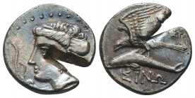 Sinope AR Drachm, c. 410-350 BC
Sinope , Paphlagonia. AR Drachm, c. 410-350 BC.
Obv. Head of nymph left, wearing ear-ring; hair in sakkos.
Rev. Sea-ea...