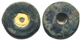 Bronze Commercial Weight GOLD inlaid. Byzantine, 6th-7th Century AD. . 

Condition: Very Fine

Weight: 5.10 gr
Diameter: 14 mm