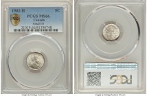 Edward VII "Small H" 5 Cents 1902-H MS66 PCGS, Heaton mint, KM9. Small H variety. Nearly flawless with speckles of light tone on both sides and superb...