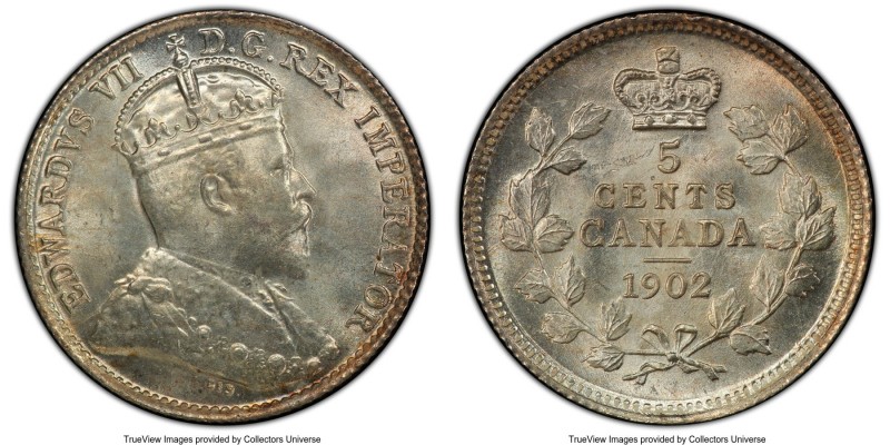 Edward VII 5 Cents 1902 MS65 PCGS, London mint, KM9. A luminous gem, beautifully...