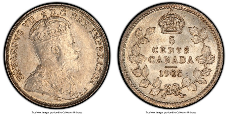 Edward VII "Large 8" 5 Cents 1908 MS64 PCGS, Ottawa mint, KM13. Large 8 variety....