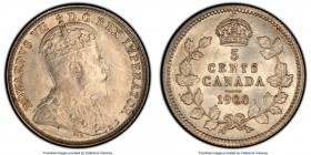 Edward VII "Large 8" 5 Cents 1908 MS64 PCGS, Ottawa mint, KM13. Large 8 variety. Nearing gem, with a touch of peach color over both sides and well-def...