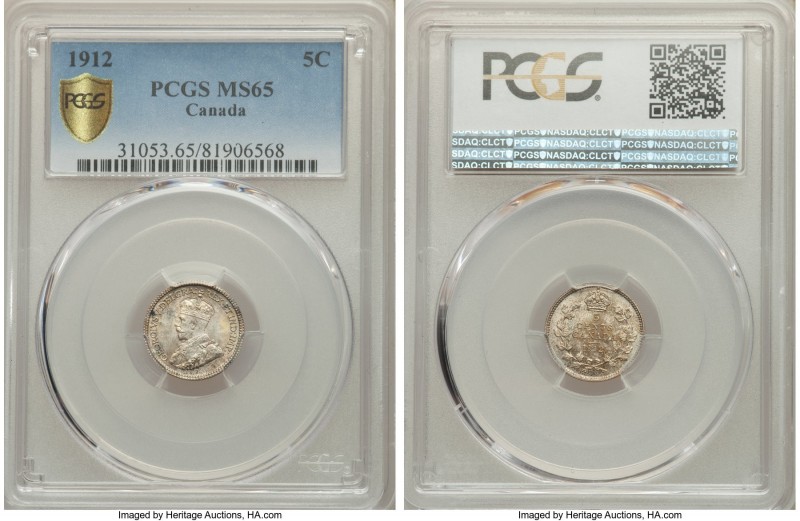 George V 5 Cents 1912 MS65 PCGS, Ottawa mint, KM22. Highly appealing and gem, wi...