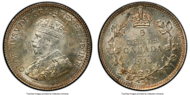 George V 5 Cents 1913 MS66 PCGS, Ottawa mint, KM22. Amber tone surrounds the Kin...