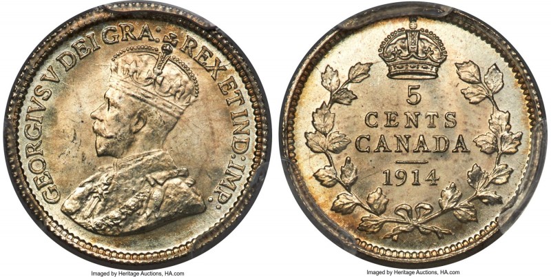 George V 5 Cents 1914 MS66 PCGS, Ottawa mint, KM22. Mint fresh luster blazes acr...