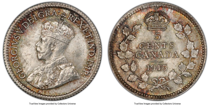 George V 5 Cents 1915 MS65 PCGS, Ottawa mint, KM22. Uncommon at the gem level gr...