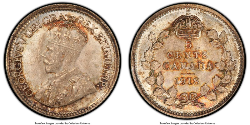 George V 5 Cents 1918 MS65+ PCGS, Ottawa mint, KM22. Warm peach and crimson tone...