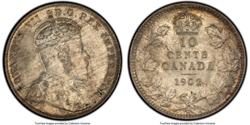 Edward VII 10 Cents 1902-H MS65 PCGS, Heaton mint, KM10. A soft golden gem with ...