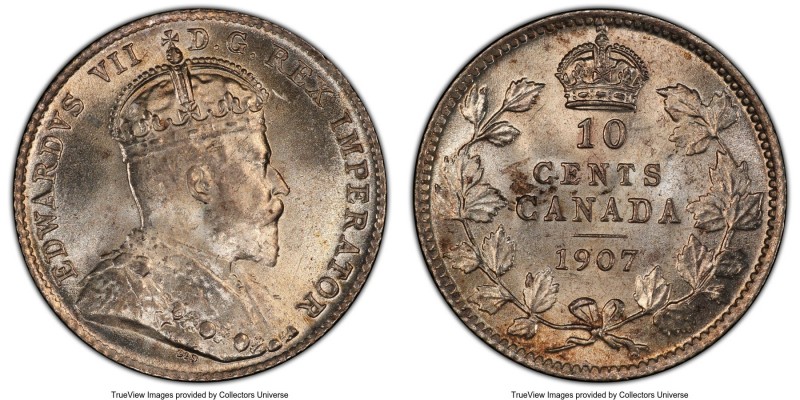 Edward VII 10 Cents 1907 MS64+ PCGS, London mint, KM10. Slightly soft on Edward'...