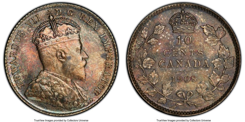 Edward VII 10 Cents 1908 MS65 PCGS, Ottawa mint, KM10. A superb jewel, the surfa...