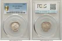 George V 10 Cents 1912 MS64 PCGS, Ottawa mint, KM23. Incredibly bold, the reverse leaves having been surrounded and filled with hazel tone, providing ...