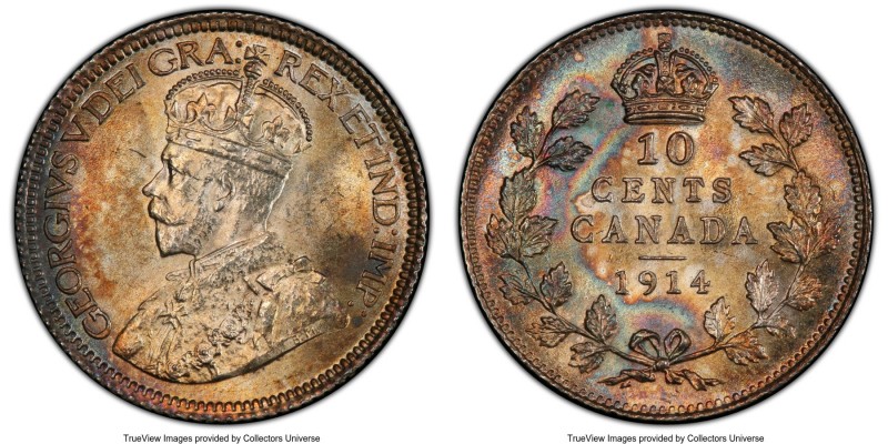 George V 10 Cents 1914 MS65 PCGS, Ottawa mint, KM23. A superb little jewel, pres...