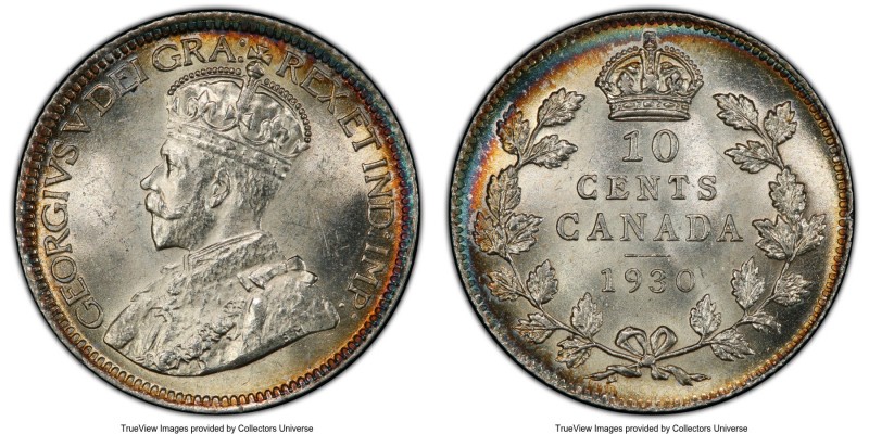 George V 10 Cents 1930 MS65 PCGS, Ottawa mint, KM23a. Argent centers are beautif...