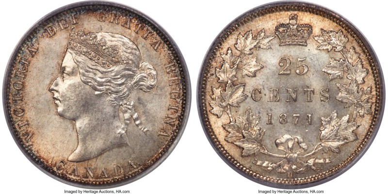 Victoria 25 Cents 1871-H MS65 PCGS, Heaton mint, KM5. A bold gem of the type, wi...
