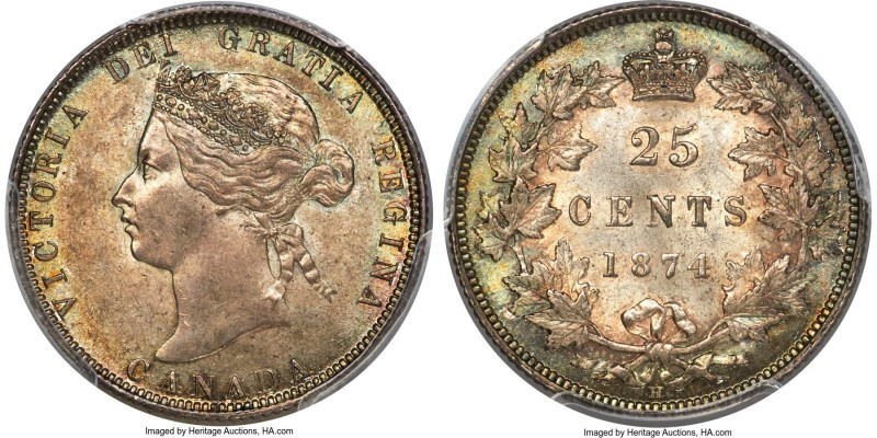 Victoria 25 Cents 1874-H MS64 PCGS, Heaton mint, KM5. An original example, pract...