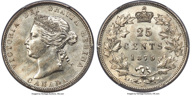 Victoria 25 Cents 1875-H MS63 PCGS, Heaton, KM5. Rare, key date for the series, ...