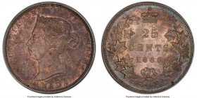 Victoria 25 Cents 1883-H MS63 PCGS, Heaton mint, KM5. Dramatically patinated with soft, lavender-gray color that transforms into a ring of turquois ar...