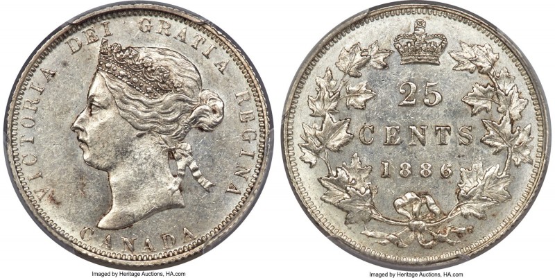 Victoria 25 Cents 1886/6 MS62 PCGS, London mint, KM5. 6/6-1 variety. A rare doub...