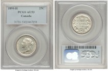 Victoria 25 Cents 1890-H AU53 PCGS, Heaton mint, KM5. Champagne-gray color with hints of residual luster at the legends and mild wear over the central...