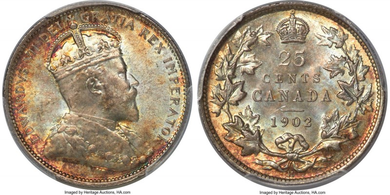 Edward VII 25 Cents 1902-H MS66+ PCGS, Heaton mint, KM11. Another impeccably ton...