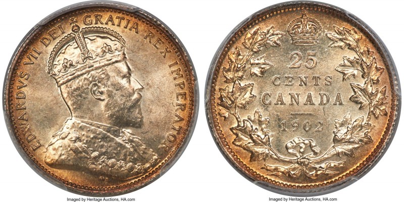 Edward VII 25 Cents 1902 MS65 PCGS, London mint, KM11. A spectacular gem of this...