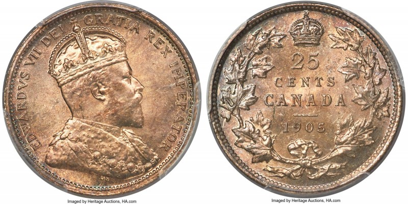 Edward VII 25 Cents 1905 MS66 PCGS, London mint, KM11. Draped in vibrant hazel t...