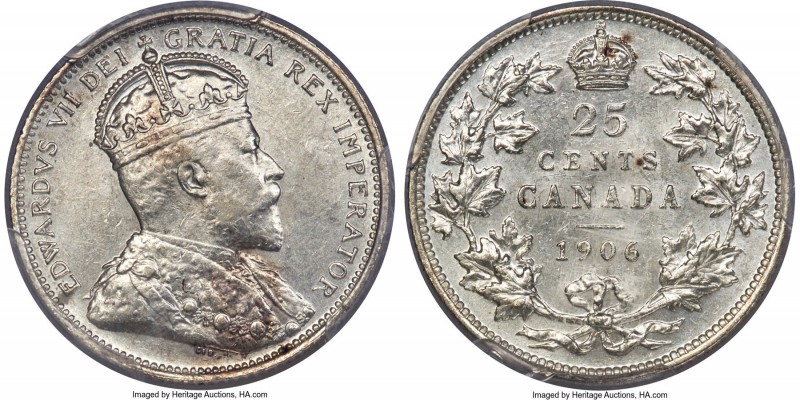 Edward VII "Small Crown" 25 Cents 1906 AU58 PCGS, London mint, KM11. Small Rever...