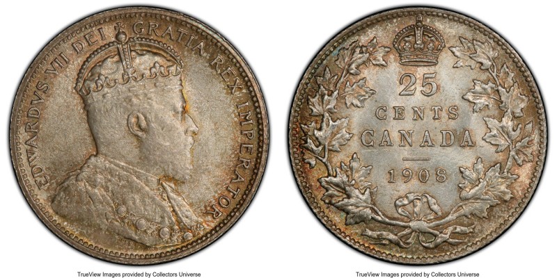 Edward VII 25 Cents 1908 MS65+ PCGS, Ottawa mint, KM11. Velveteen texture over b...