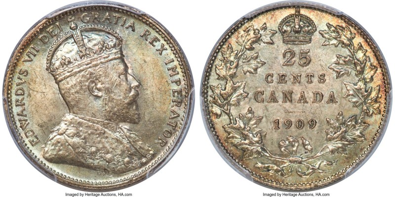 Edward VII 25 Cents 1909 MS65 PCGS, Ottawa mint, KM11. Undeniably appealing, wit...