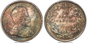 Edward VII 25 Cents 1910 MS66+ PCGS, Ottawa mint, KM11a. Lovely cobalt, magenta, crimson, and golden tones dramatically color both sides of this sharp...