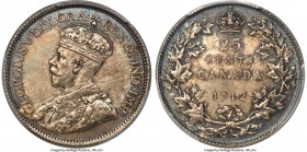 George V 25 Cents 1912 MS65 PCGS, Ottawa mint, KM24. Pleasing blue-green and reddish-gold toning accents both sides, mostly at the margins. Several li...