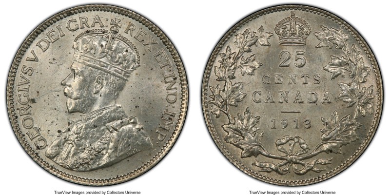 George V 25 Cents 1913 MS63 PCGS, Ottawa mint, KM24. A lustrous and well-struck ...