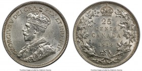 George V 25 Cents 1914 MS63 PCGS, Ottawa mint, KM24. Fully choice, with bright luster that sweeps the fields and a subtle champagne color that overlay...