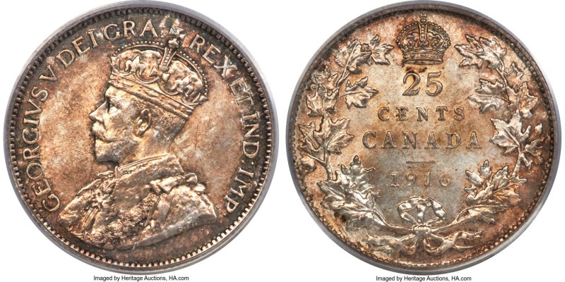 George V 25 Cents 1916 MS65 PCGS, Ottawa mint, KM24. Mottled gray-gold patina tr...