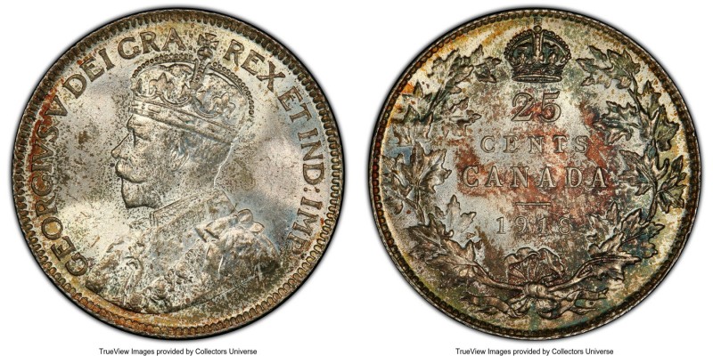 George V 25 Cents 1918 MS65 PCGS, Ottawa mint, KM24. Beautifully toned to a stee...