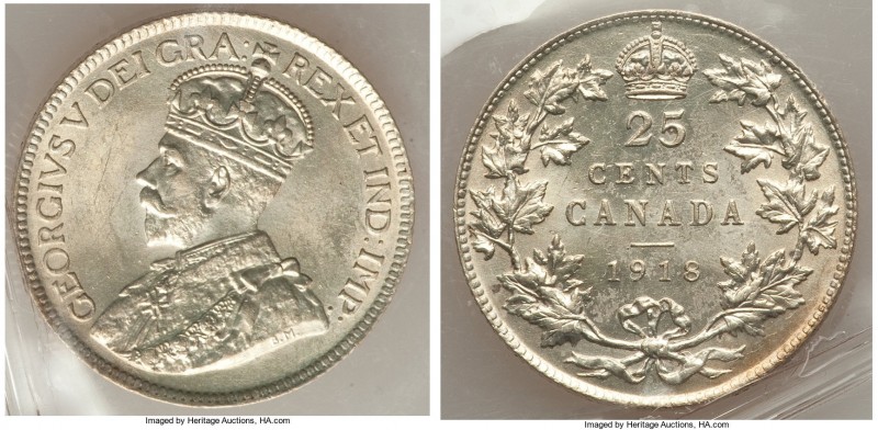 George V 25 Cents 1918 MS64 ICCS, Ottawa mint, KM24. Just a hint of blush appear...