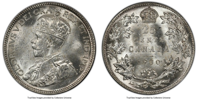 George V 25 Cents 1930 MS63 PCGS, Ottawa mint, KM24a. Lustrous, with crisp detai...