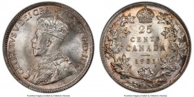 George V 25 Cents 1931 MS64 PCGS, Royal Canadian mint, KM24a. Near gem, with delicate lilac color that darkens at the peripheries and deeply impressed...
