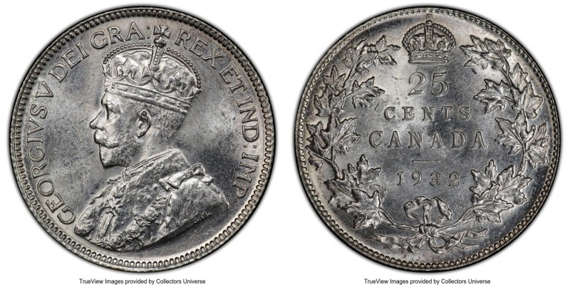 George V 25 Cents 1932 MS64 PCGS, Royal Canadian mint, KM24a. An icy-white selec...