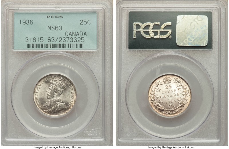 George V 25 Cents 1936 MS63 PCGS, Royal Canadian mint, KM24a. Mostly argent, wit...