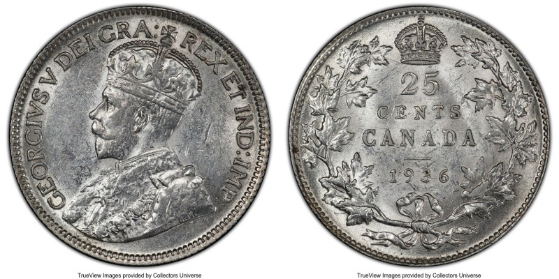 George V "Bar" 25 Cents 1936 AU55 PCGS, Royal Canadian mint, KM24a. Die break ("...