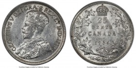 George V "Bar" 25 Cents 1936 AU55 PCGS, Royal Canadian mint, KM24a. Die break ("bar") connecting the ribbon ties on the reverse. Noted as a scarcer va...