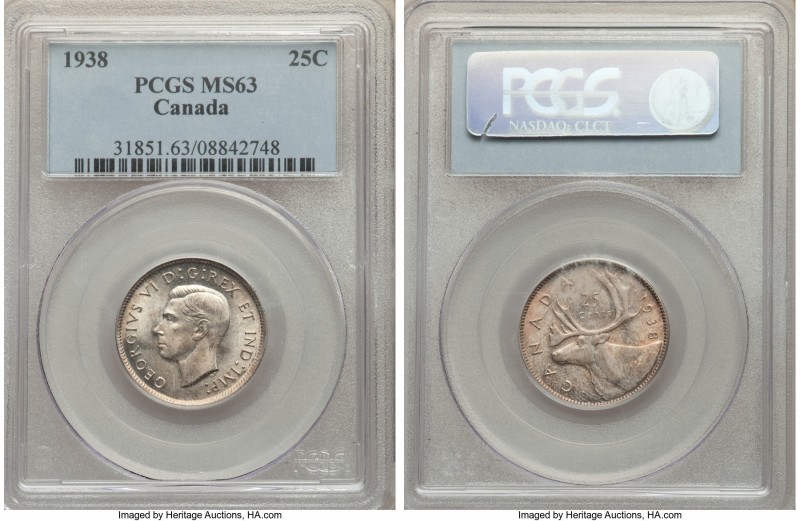 George VI 25 Cents 1938 MS63 PCGS, Royal Canadian mint, KM35. Fully original, wi...